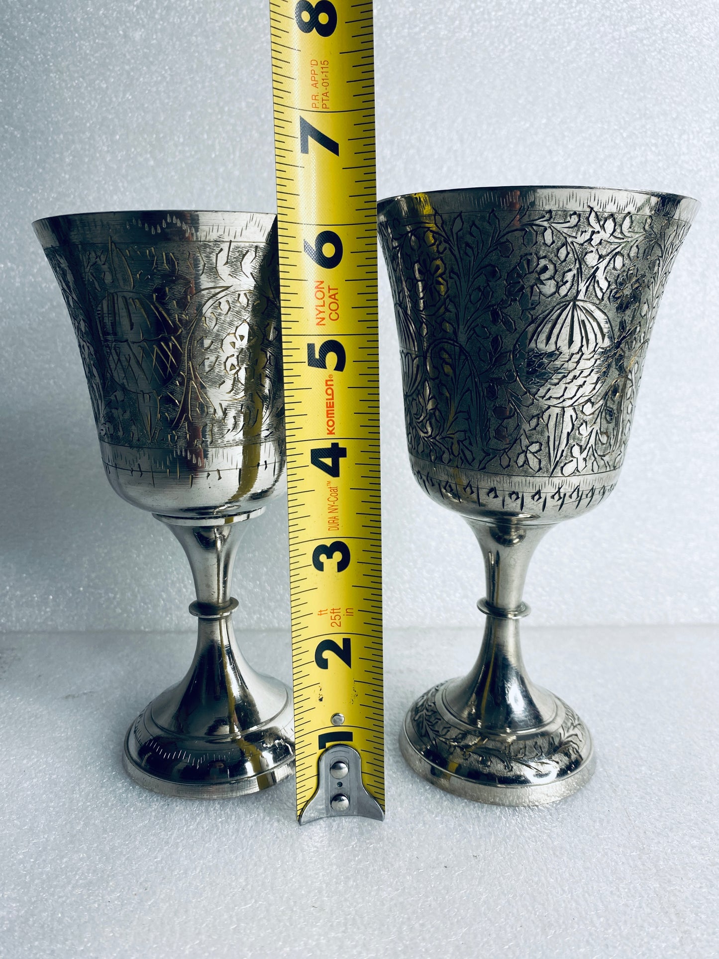 Lot Of 2-Vintage World Gift Z.Y. India Chalice Goblet Etched Brass Silver Plated