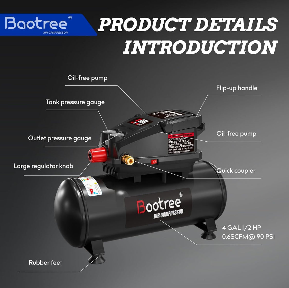 New Other 4 Gallon Portable Air Compressor With 0.5HP & Max 110PSI, Black