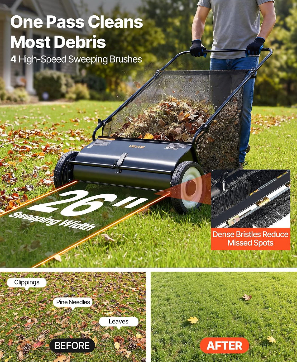New Other Vevor Push Lawn Sweeper 26” Leaf & Grass Collector, Rubber Wheels