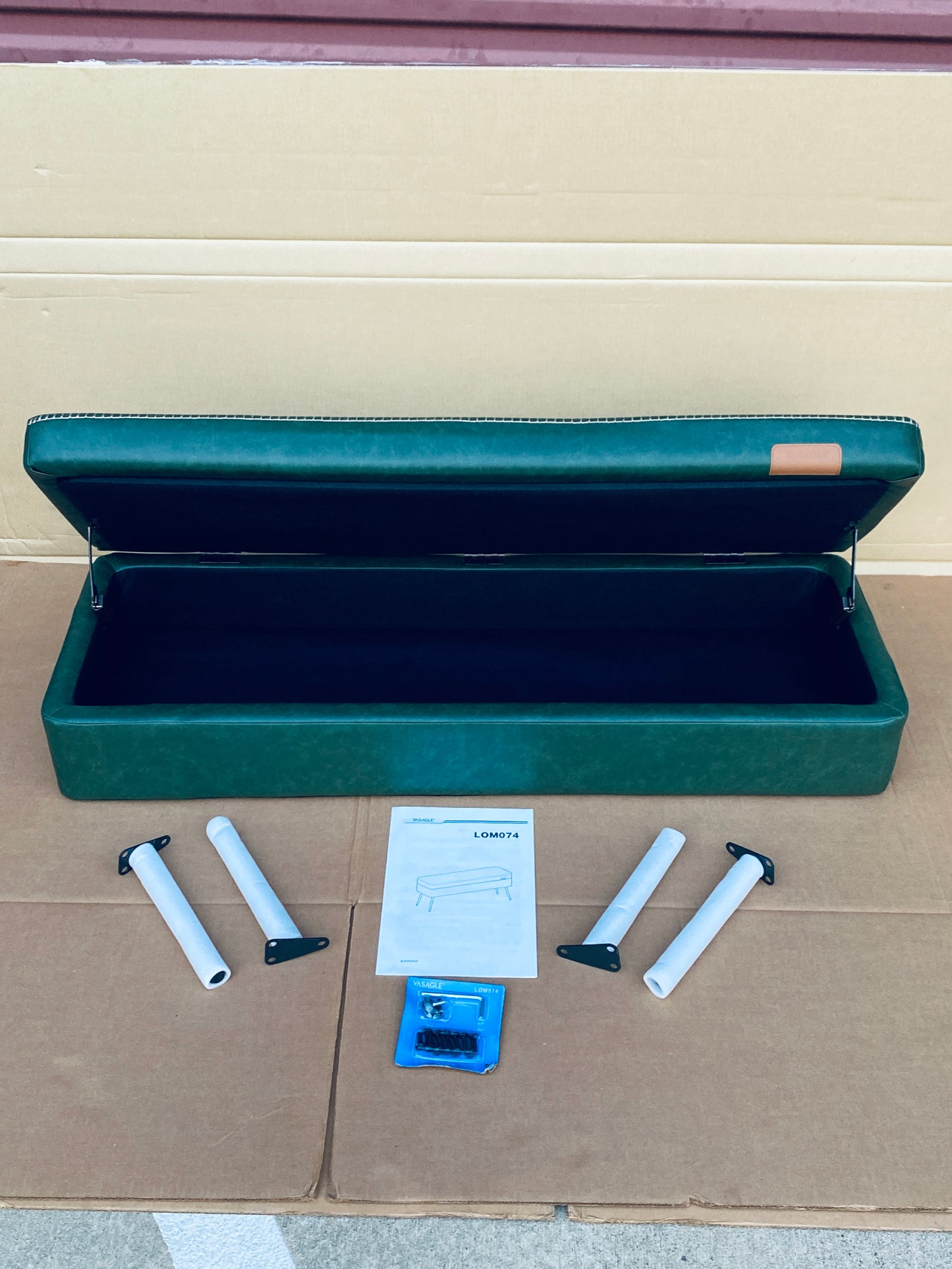 New Open Box VASAGLE Storage Ottoman Bench With Steel Legs, Forest Green