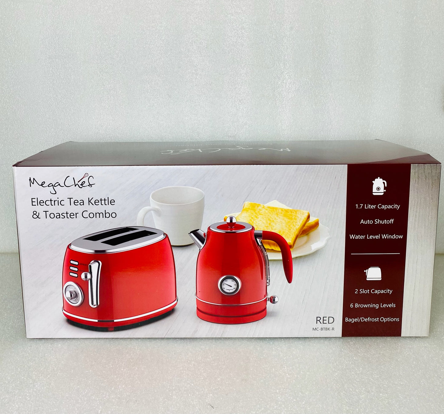 New MegaChef 1.7 Liter Electric Kettle & 2 Slice Toaster In Matte Cream Red