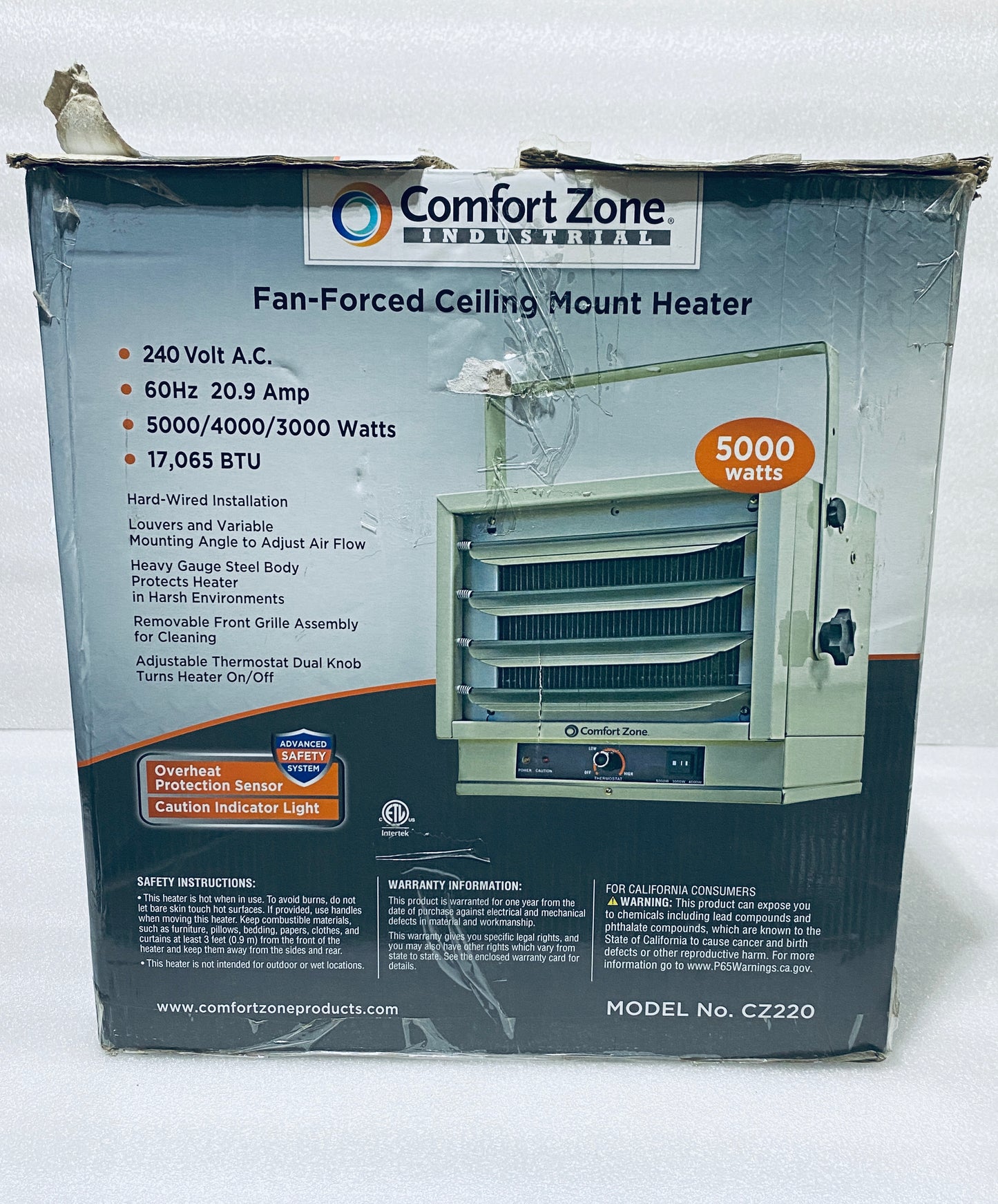 New Other-Comfort Zone 5,000W 240V 17,065BTU Ceiling Electric Fan Forced Heater