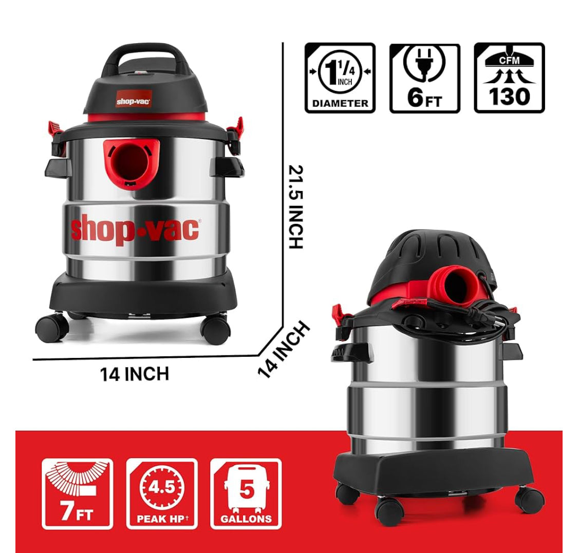 Like New Shop-Vac Wet/Dry 5 Gallon, 4.5 Peak HP Vacuum, Stainless Steel