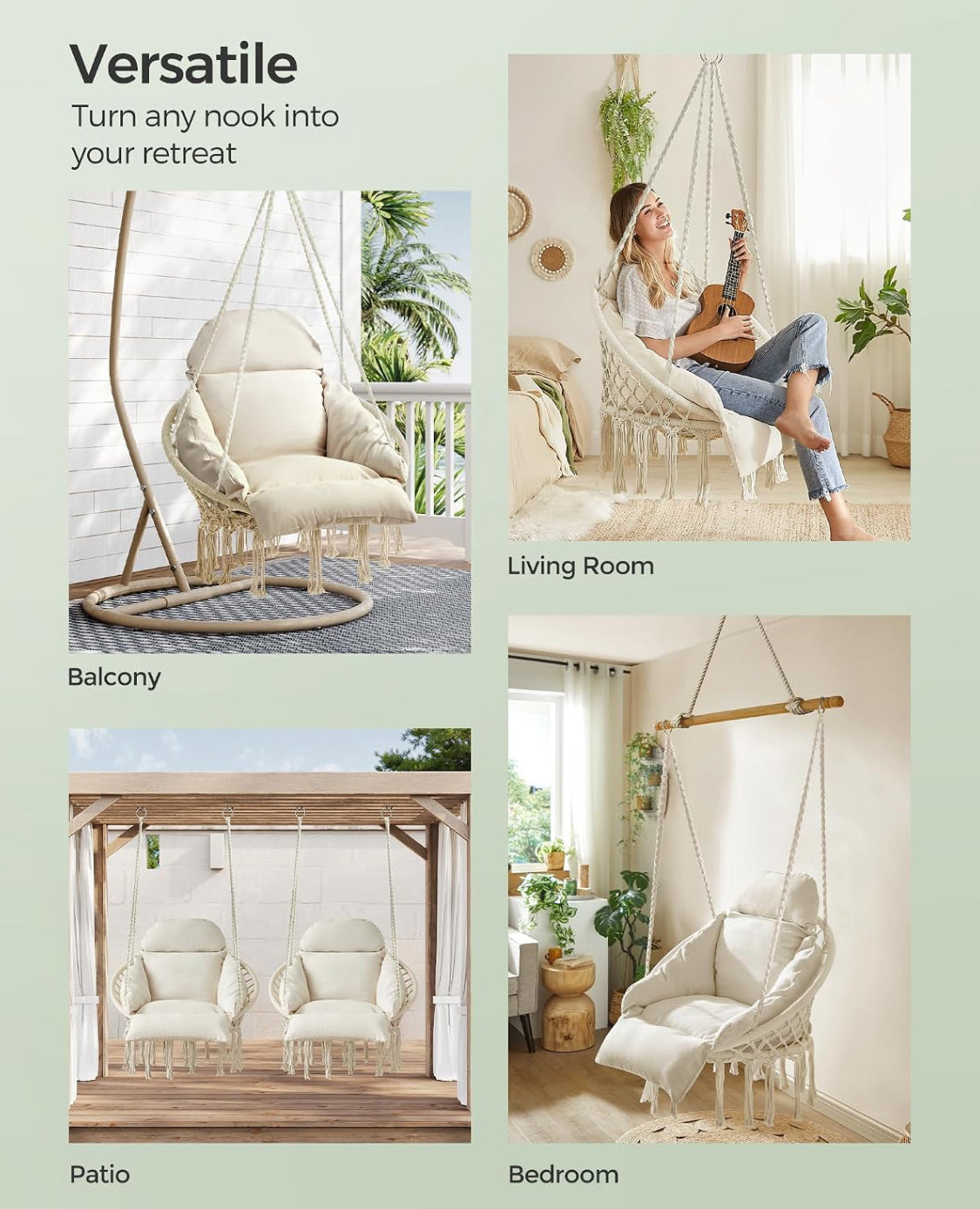 New Open Box SONGMICS Hanging Boho Swing Chair With Large Thick Cushion
