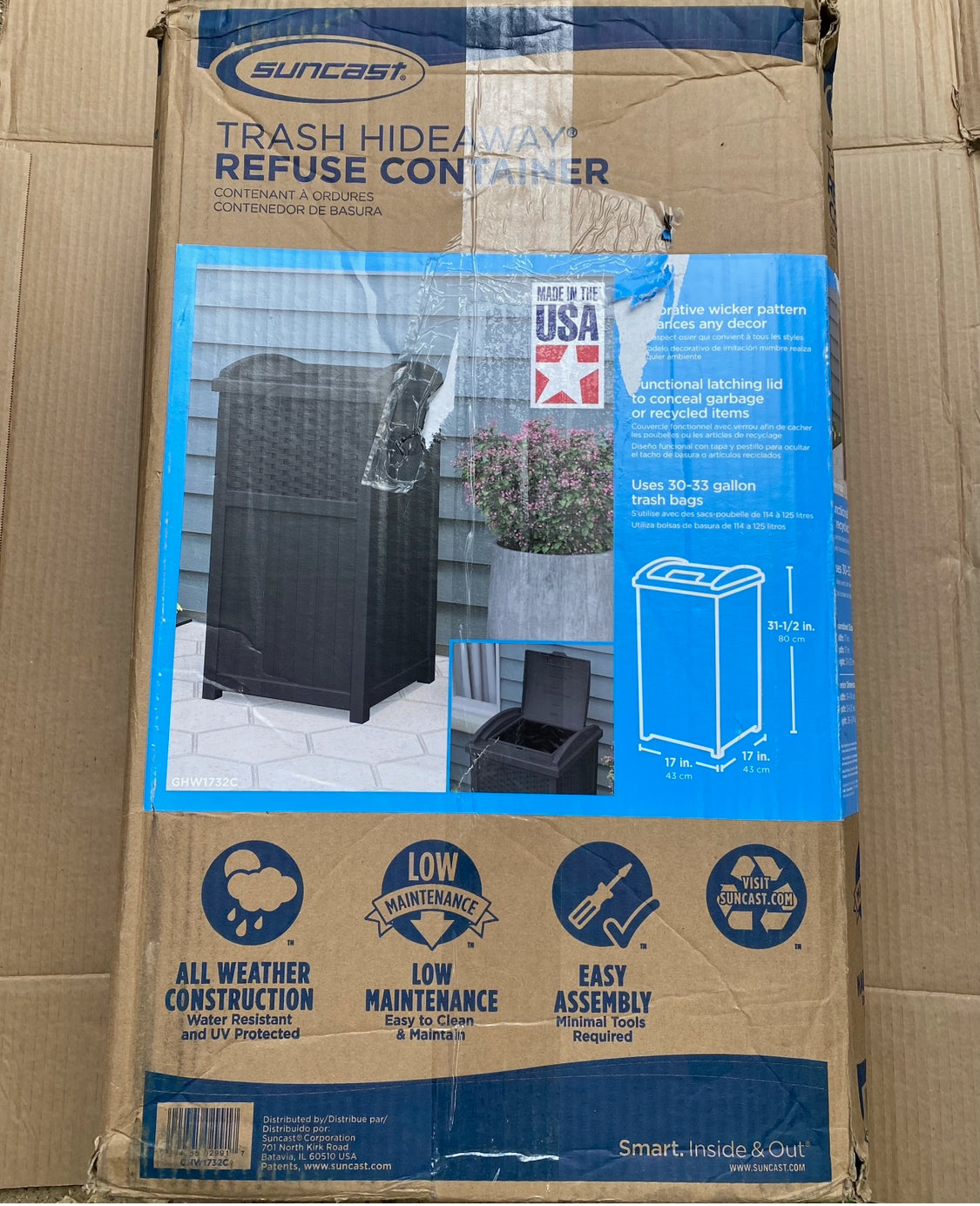 New Other Suncast 33Gal Wicker-Style Hideaway Trash Can With Secure Latching Lid