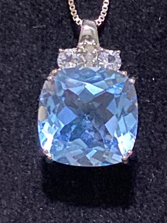 New Designer s925 Sterling Silver 5.5 Ct Cushion Swiss Blue Topaz Pendant Diamond 18” Necklace 4.5g