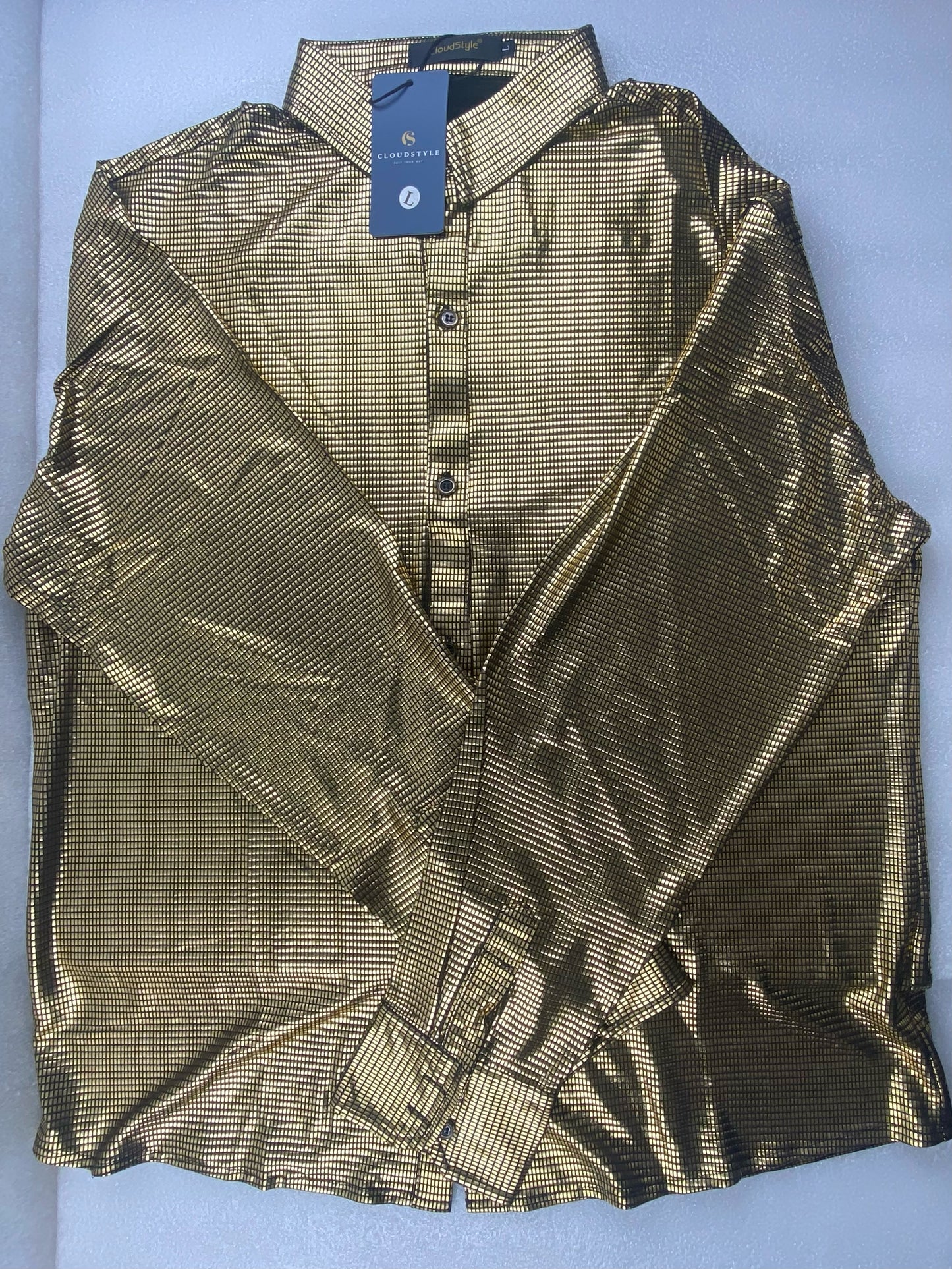 New CloudStyle Men's Large Glossy Fashion Gilded Check Lapel Long Sleeve Shirt