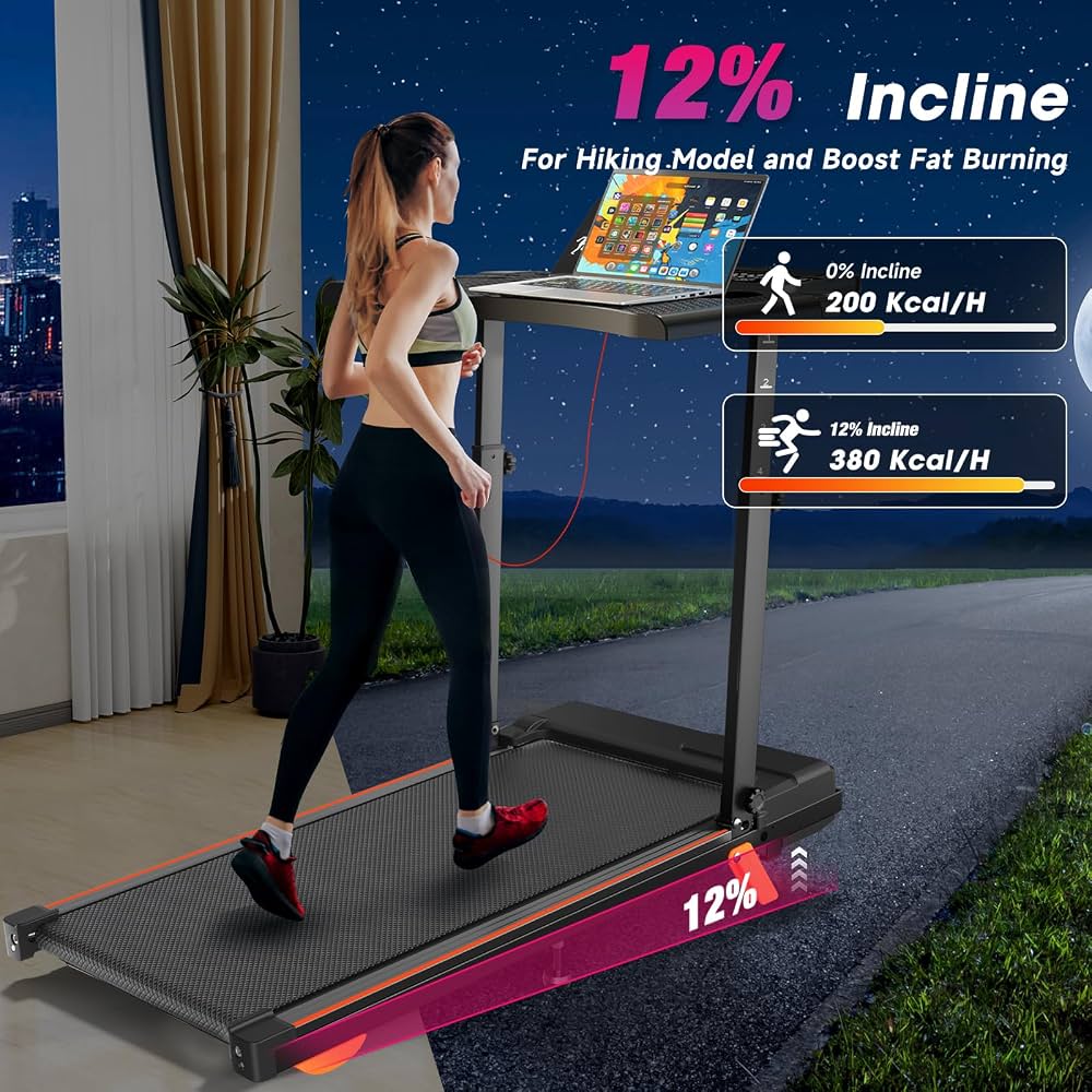QYDS Walking Pad Treadmill With 3HP, 8MPH, Desk Workstation & Handle Bar, Black