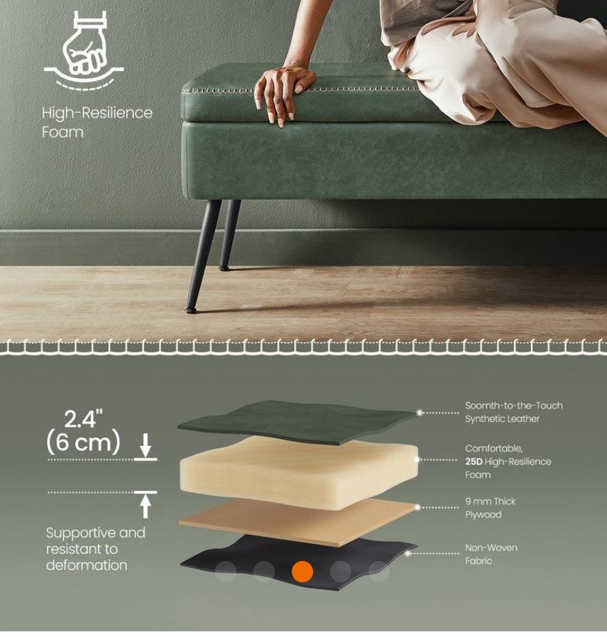 New Open Box VASAGLE Storage Ottoman Bench With Steel Legs, Forest Green