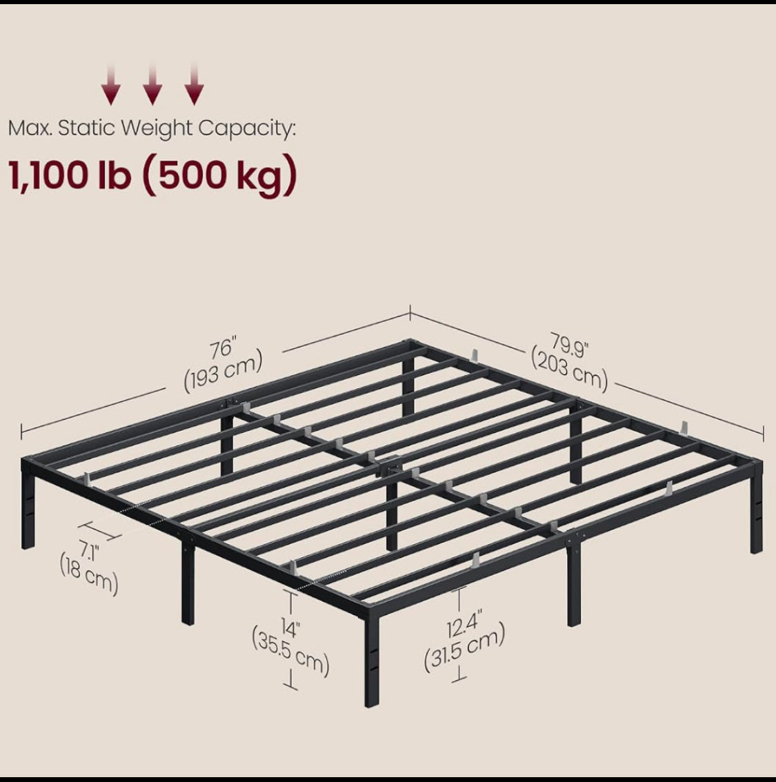 New Open Box VASAGLE King 14" Tall Black Metal Bed Frame, 1100lb Weight Capacity