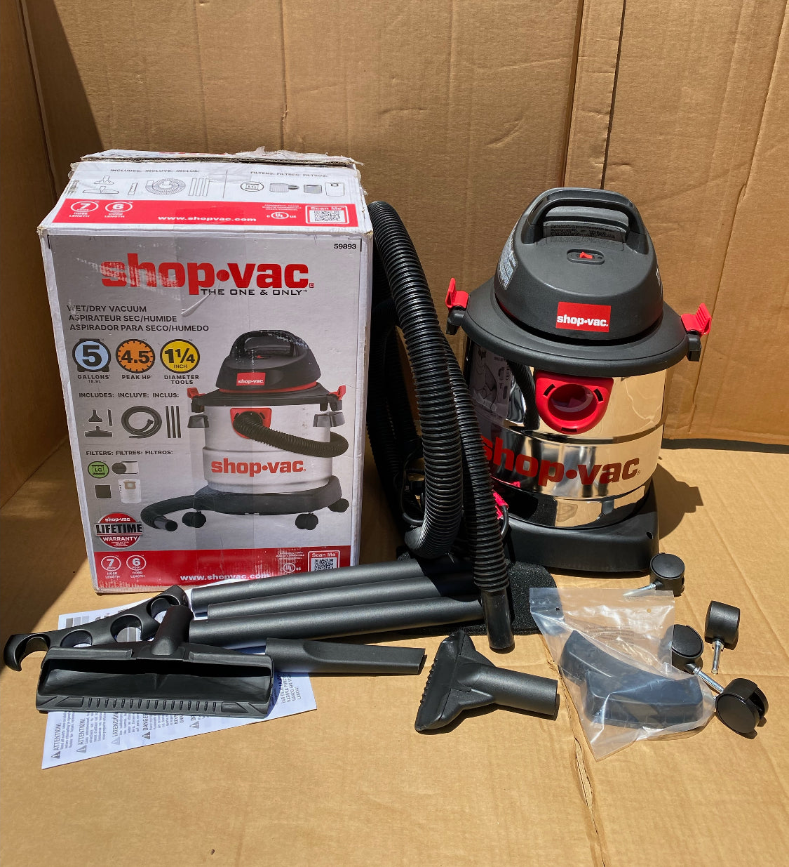 Like New Shop-Vac Wet/Dry 5 Gallon, 4.5 Peak HP Vacuum, Stainless Steel