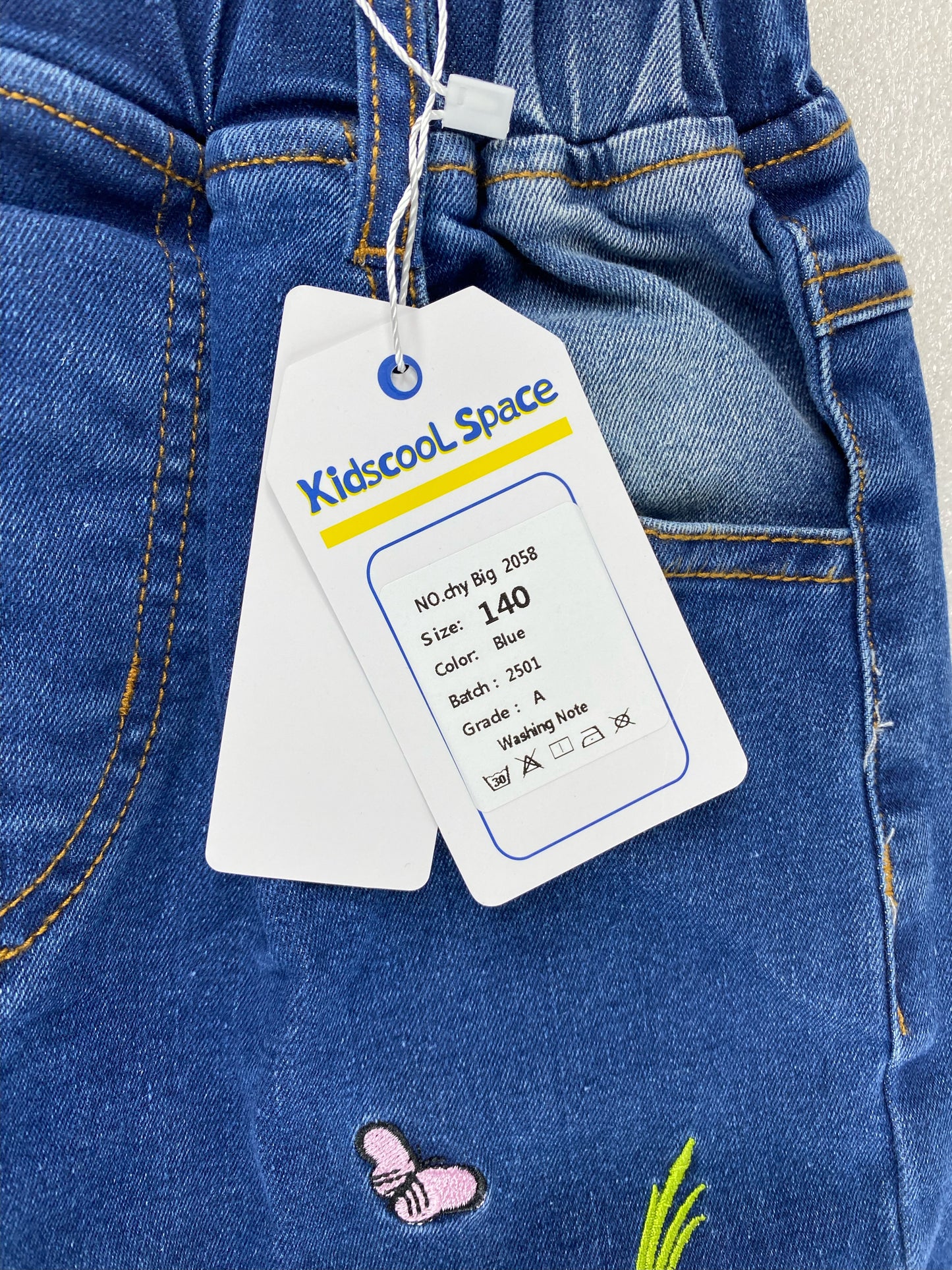 New Kidscool Space Size 10 Ribbed Elastic Waist Embroidered Denim Pants, Blue