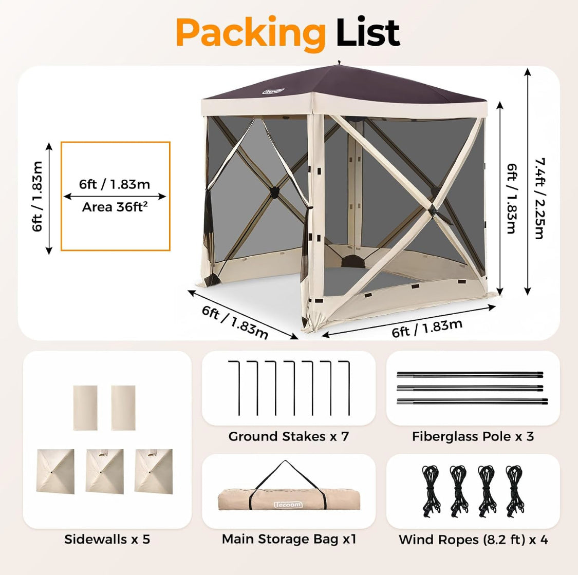 Like New Tecoom 6’ x 6’ 4-Sided Pop Up Canopy/Gazebo Tent With Mesh Windows