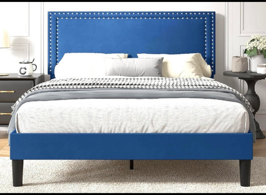 New Vecelo Full Size Platform Bed & Height Adjustable Upholstered Headboard,Blue