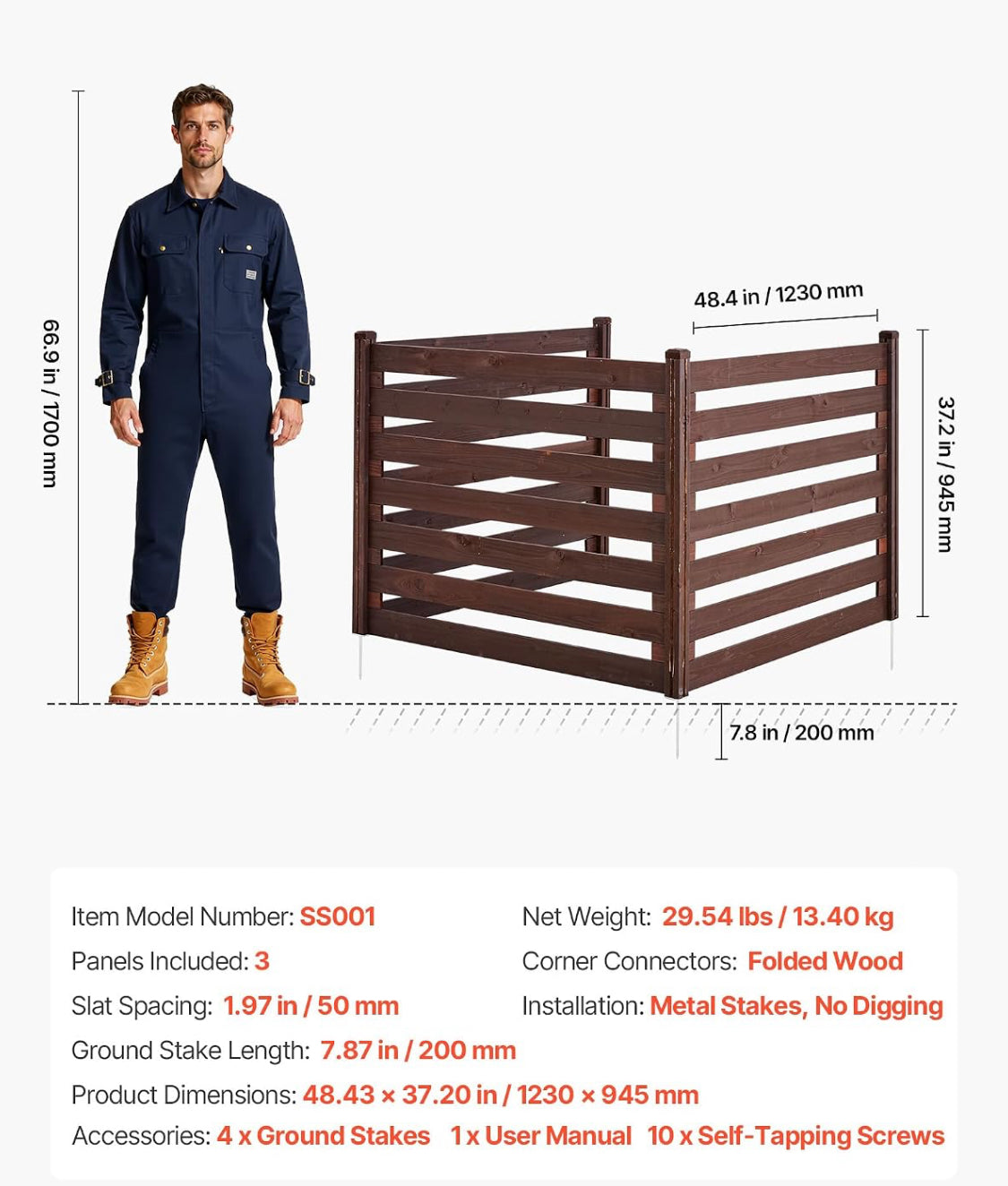 New Other VEVOR 48” x 37” 3 Panel Outdoor Wooden Privacy Fence With Metal Stakes