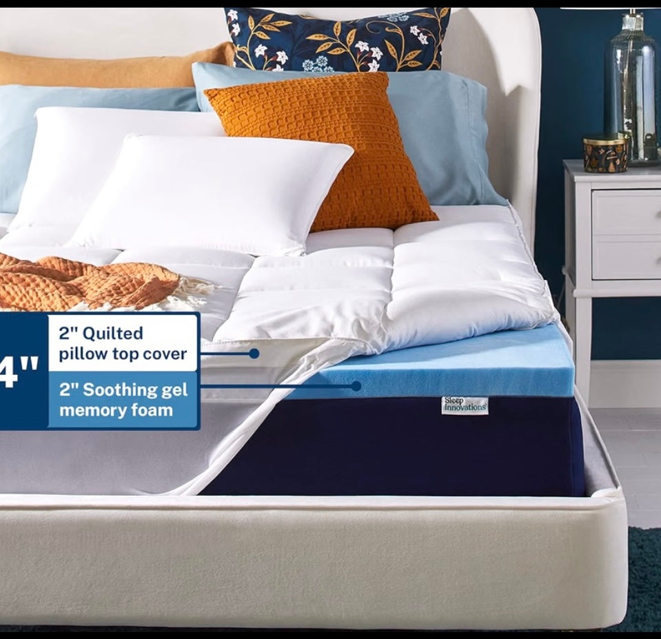 New Sleep Innovations 4” King Size Memory Foam Mattress Topper, Light Blue