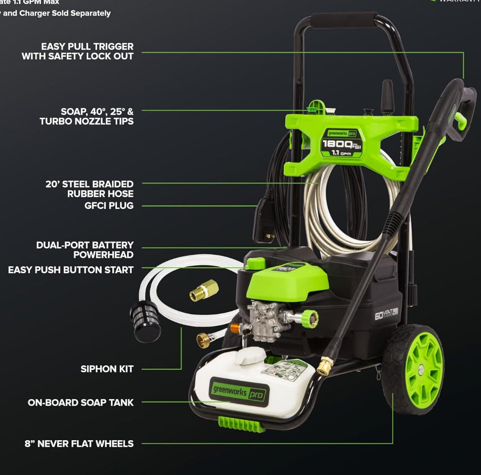 Greenworks 60V 1800PSI Max 1.1 GPM Hybrid 120V/Cordless Electric Pressure Washer
