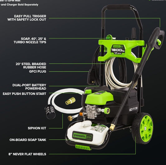 Greenworks 60V 1800PSI Max 1.1 GPM Hybrid 120V/Cordless Electric Pressure Washer