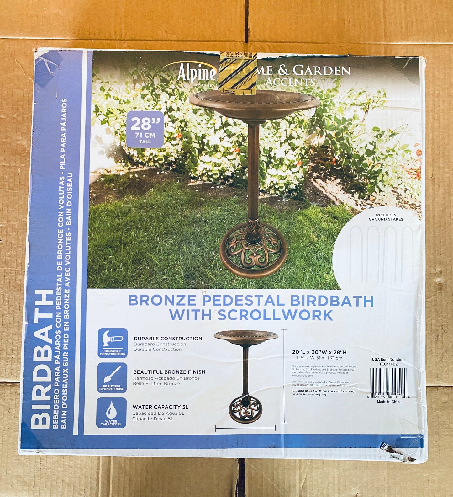 New Open Box Alpine 28" Pedestal Bird Bath With Scrollwork Base & Ground Stake