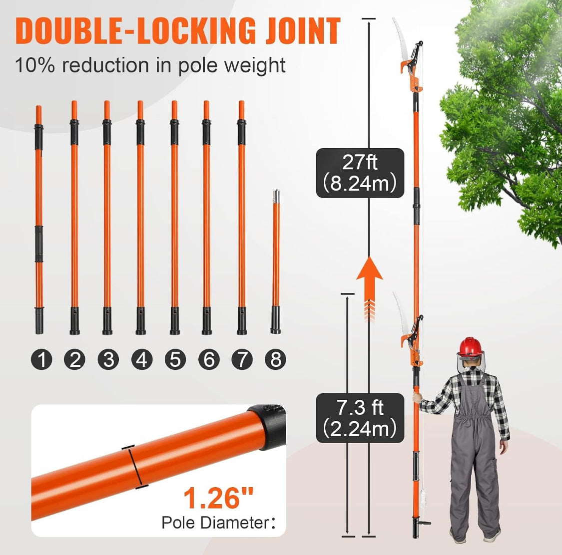 New Other VEVOR 7.3-27 ft Extendable Tree Pruner/Manual Pole Saw, Orange/Black