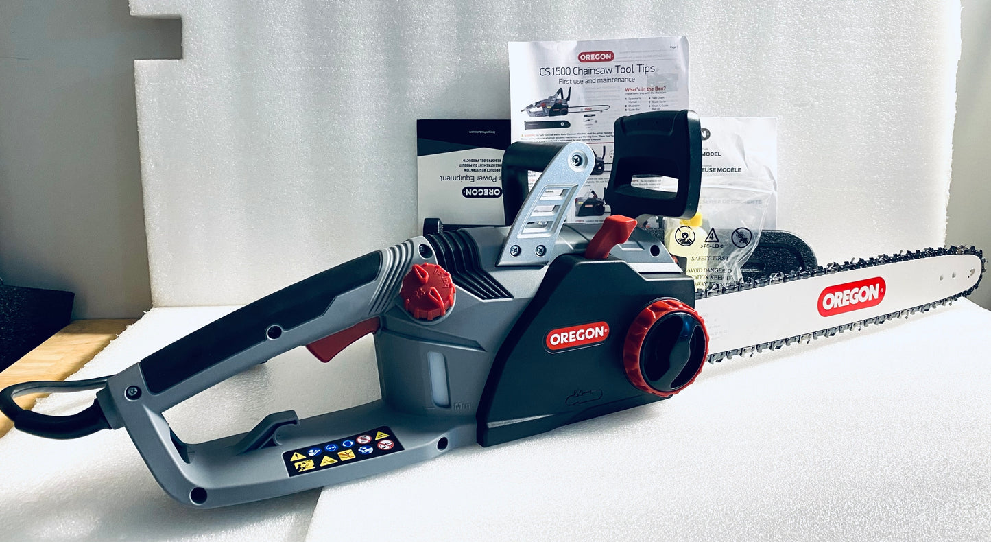 New Open Box Oregon CS1500 Self-Sharpening Electric Chain Saw With 18” Bar
