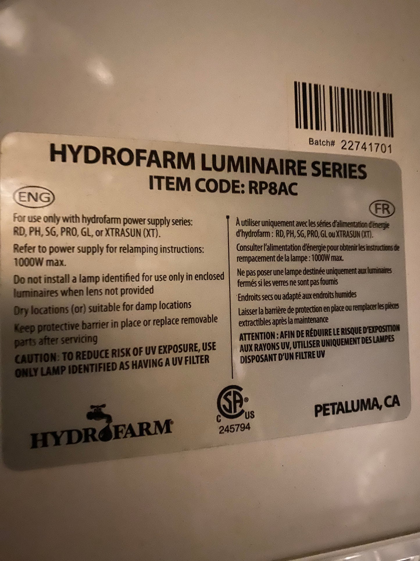 Hydrofarm Raptor 8” Air Cooled Grow Light & Phantom Dimmable Digital Ballast
