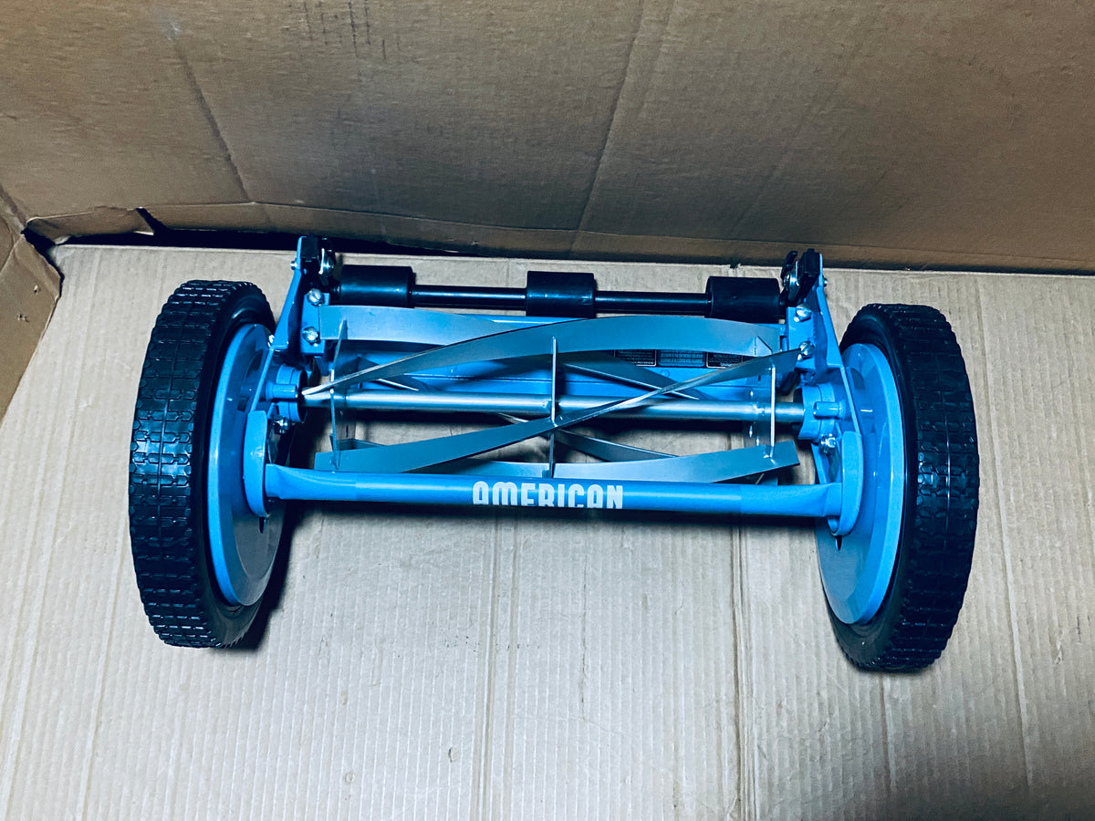 New Open Box American Lawn Mower 14-Inch 5-Blade Reel Mower With Sharpener, Blue