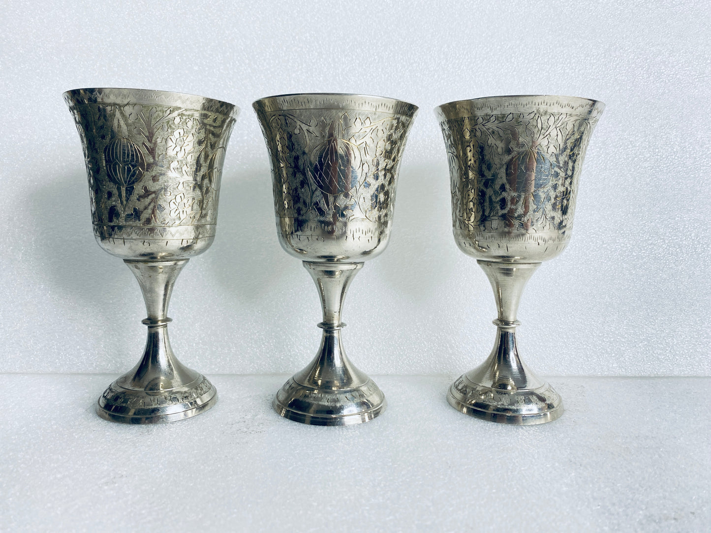 Lot Of 3 Vintage World Gift Z.Y. India Chalice Goblet Etched Brass Silver Plated