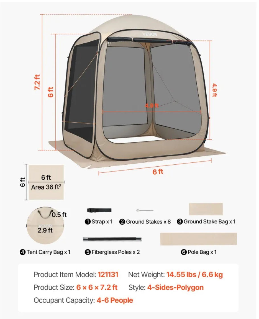 VEVOR 6’x6’ 4-6 Person Pop Up Screen Tent with Carry Bag, Beige
