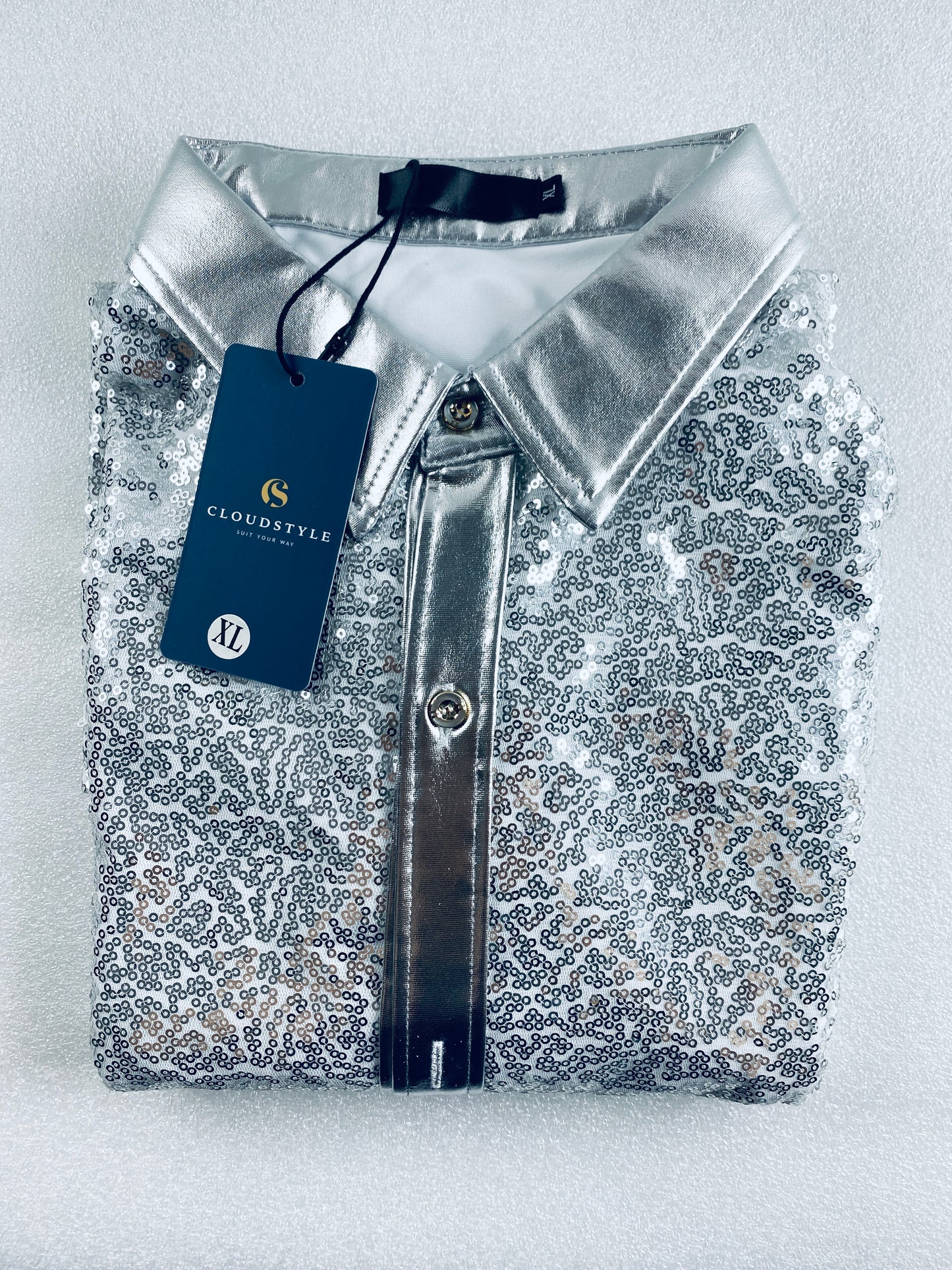 New CloudStyle Men's Stage Sequin Size XL Long Sleeve Party Lapel Shirt