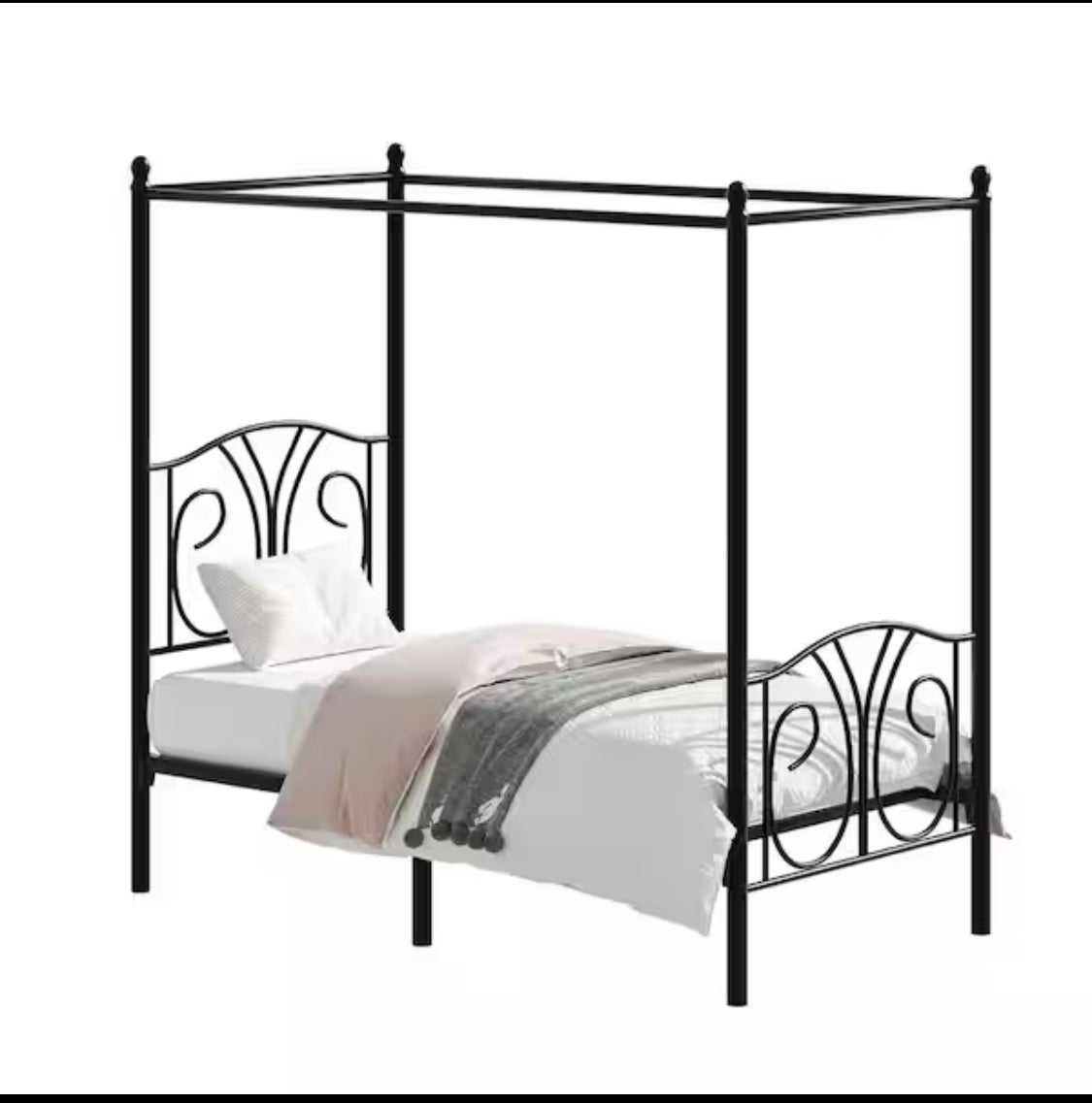 New Open Box Vecelo Twin Metal Canopy Bed Frame With Headboard, Black