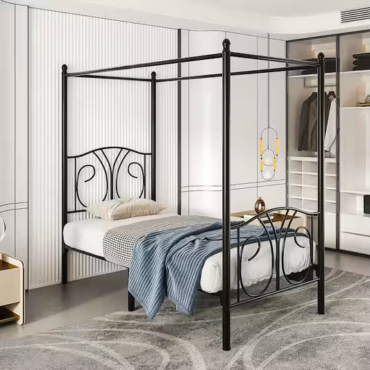 New Open Box Vecelo Twin Metal Canopy Bed Frame With Headboard, Black