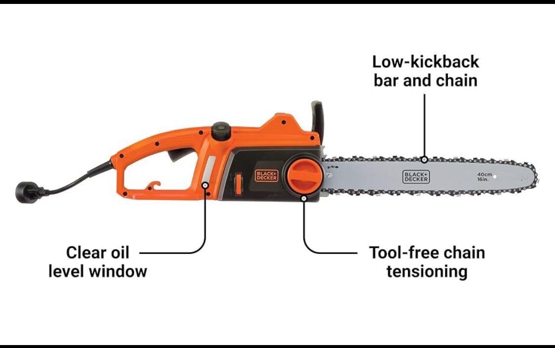 Like New BLACK+DECKER 12 Amp 16 in. Corded Electric Chainsaw, Black/Orange