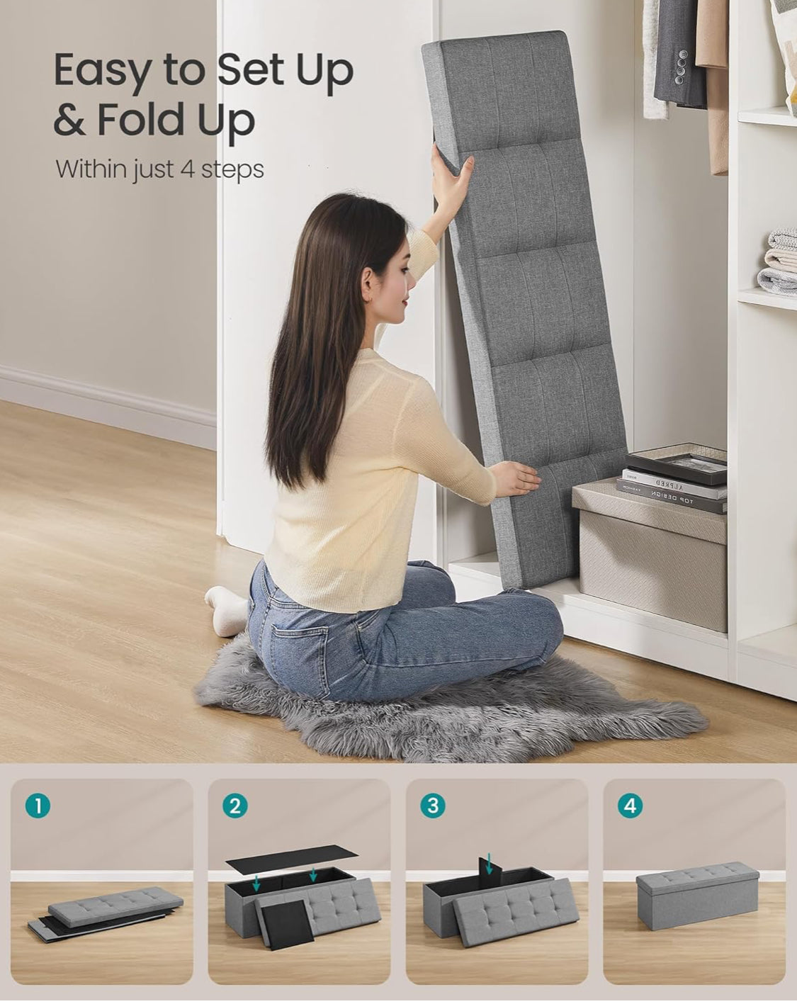 New Open Box SONGMICS 43.3" Folding Storage Ottoman Bench, Light Gray
