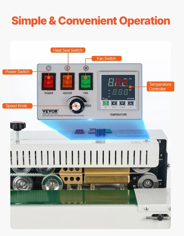 New Open Box VEVOR Continuous Bag Band Sealing Machine With Temperature Control