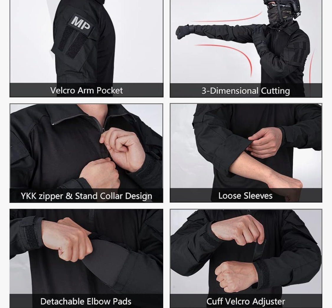 New IDOGEAR Men G3 Tactical Combat Long Sleeve Shirt With Elbow Pads, Black
