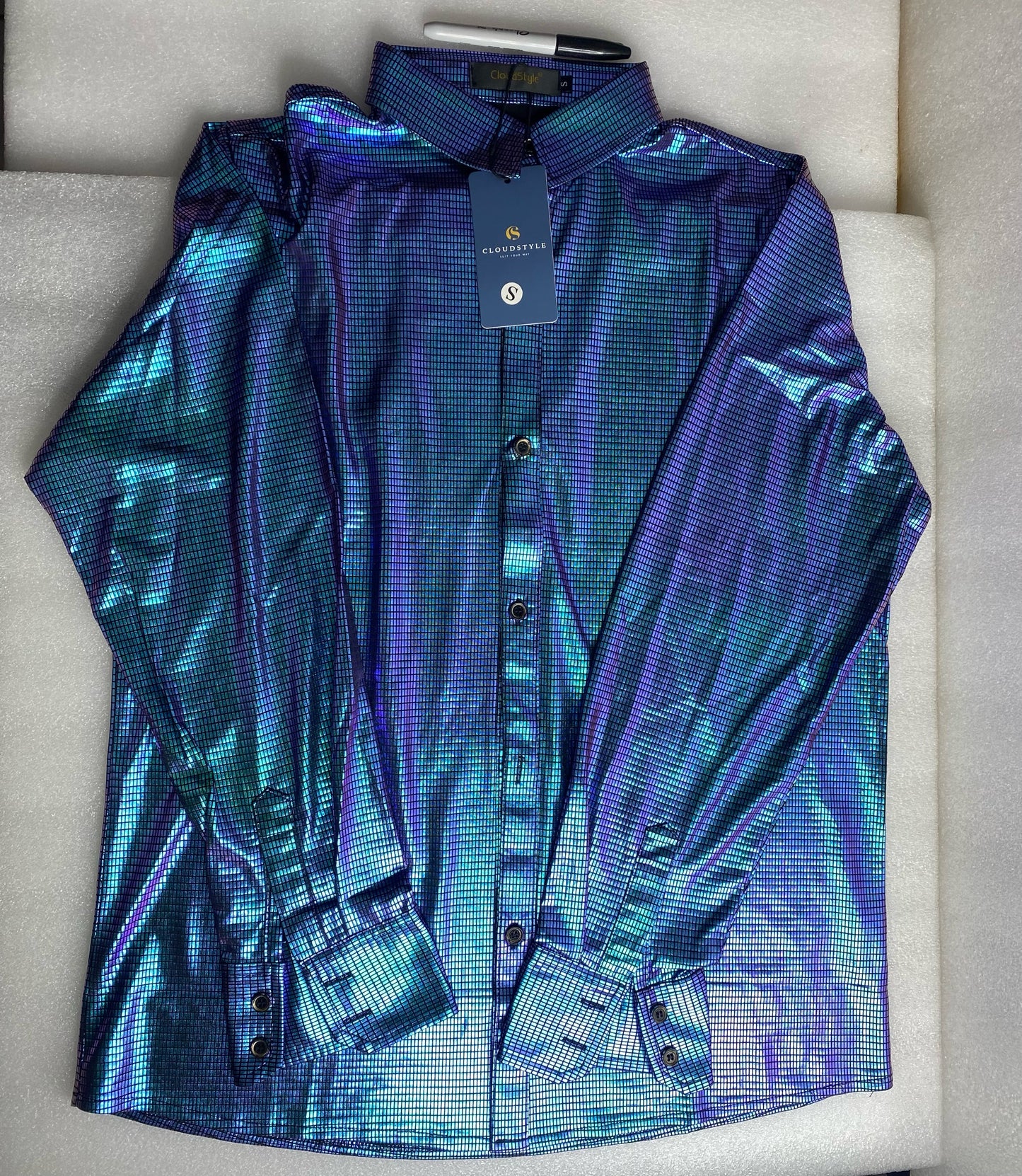 New CloudStyle Men's Small Glossy Fashion Gilded Check Lapel Long Sleeve Shirt