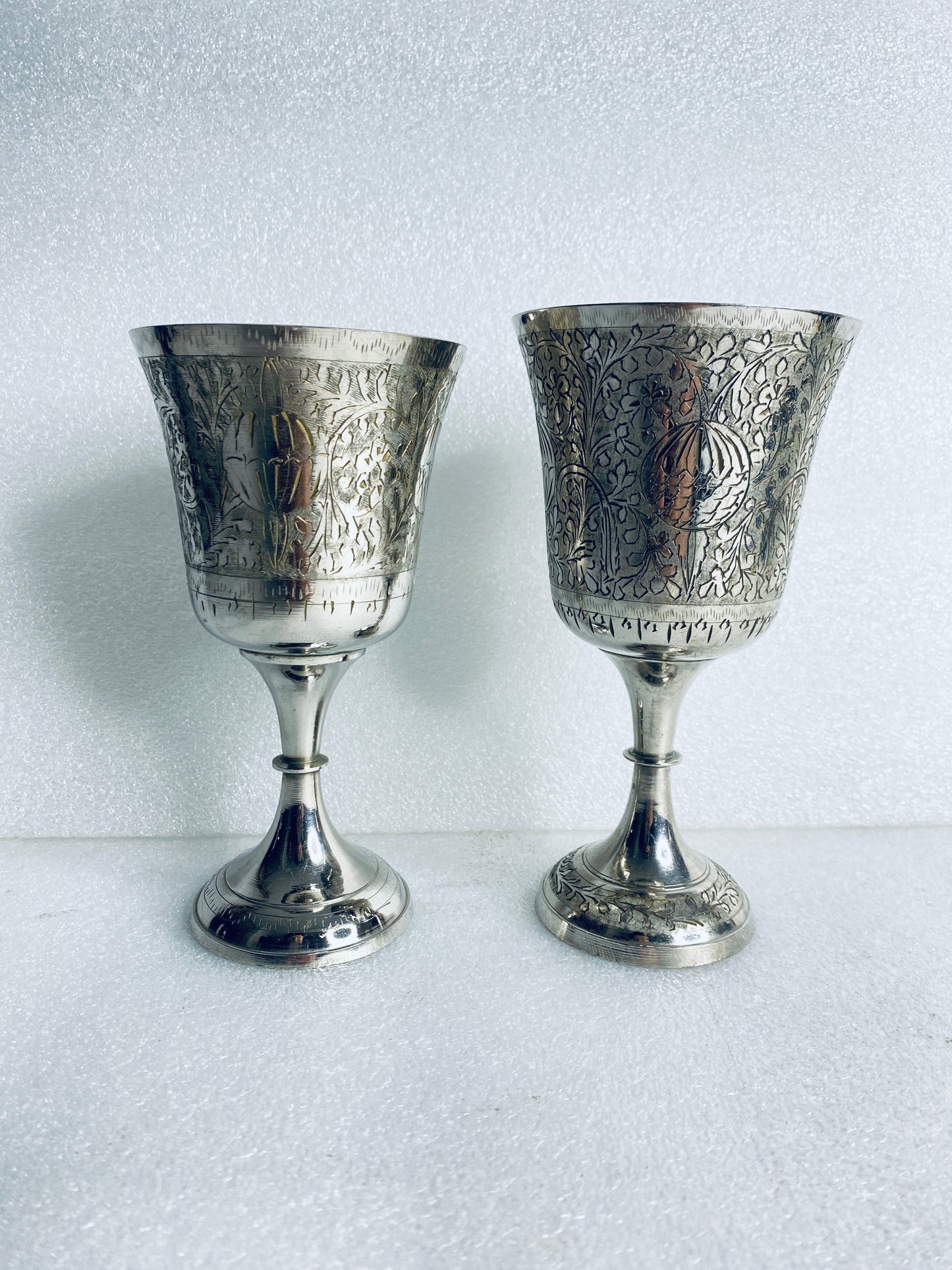 Lot Of 2-Vintage World Gift Z.Y. India Chalice Goblet Etched Brass Silver Plated