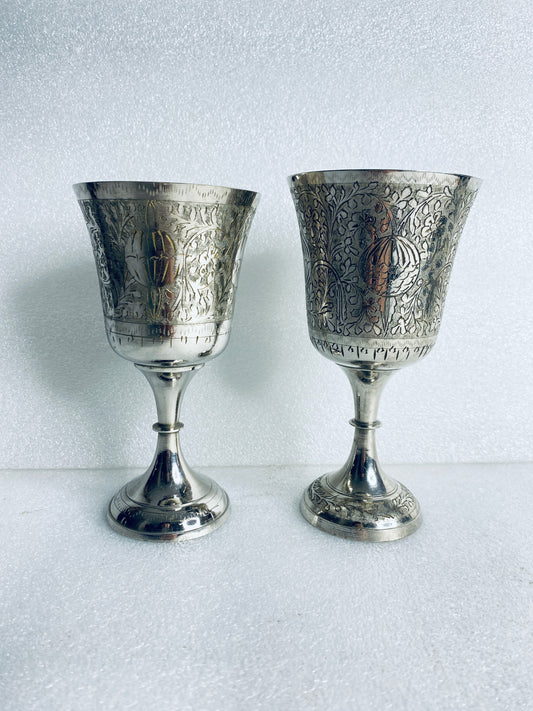 Lot Of 2-Vintage World Gift Z.Y. India Chalice Goblet Etched Brass Silver Plated