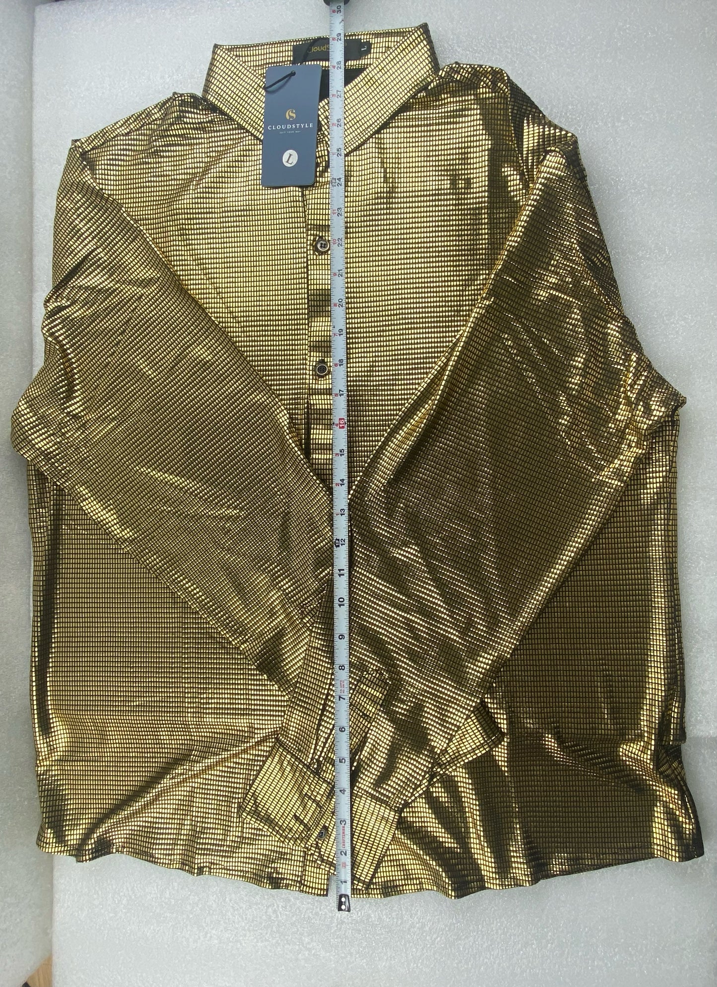 New CloudStyle Men's Large Glossy Fashion Gilded Check Lapel Long Sleeve Shirt