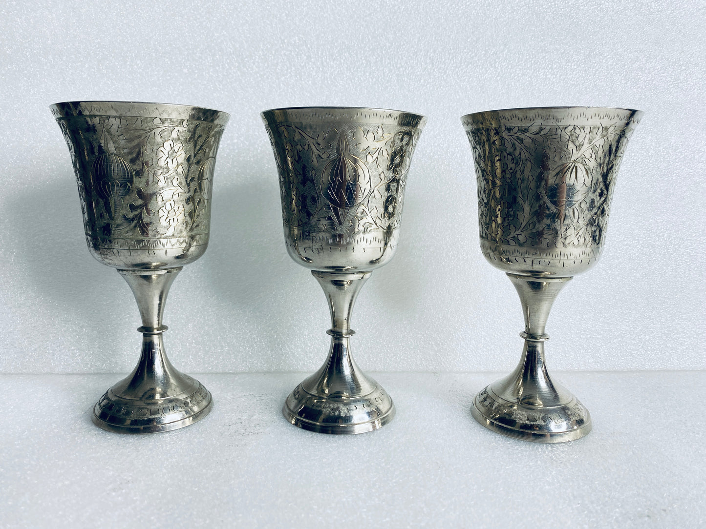Lot Of 3 Vintage World Gift Z.Y. India Chalice Goblet Etched Brass Silver Plated