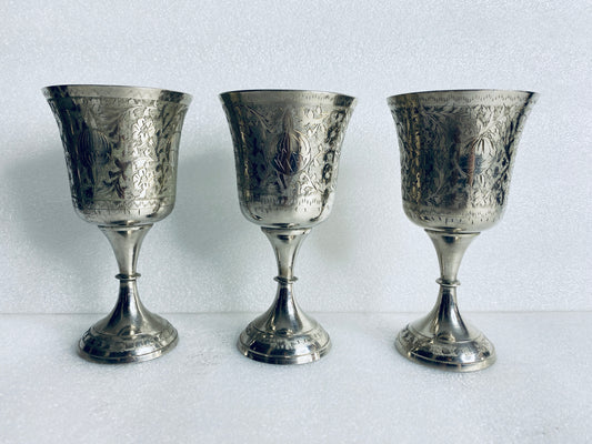 Lot Of 3 Vintage World Gift Z.Y. India Chalice Goblet Etched Brass Silver Plated