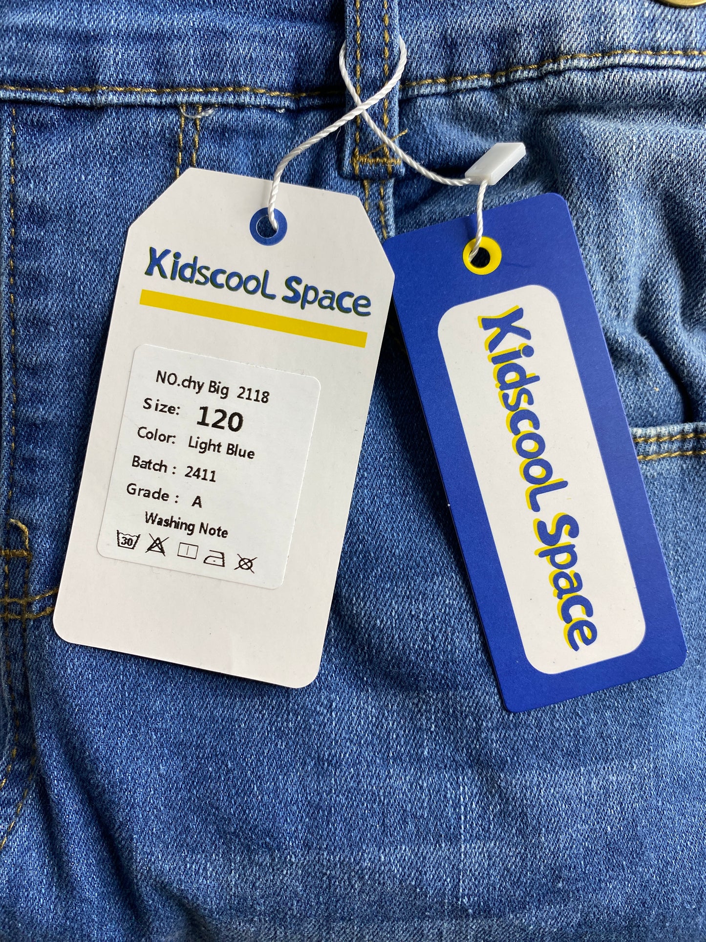 New Kidscool Space Size 5-6 Child Denim Slim Pants Jeans Overalls, Light Blue
