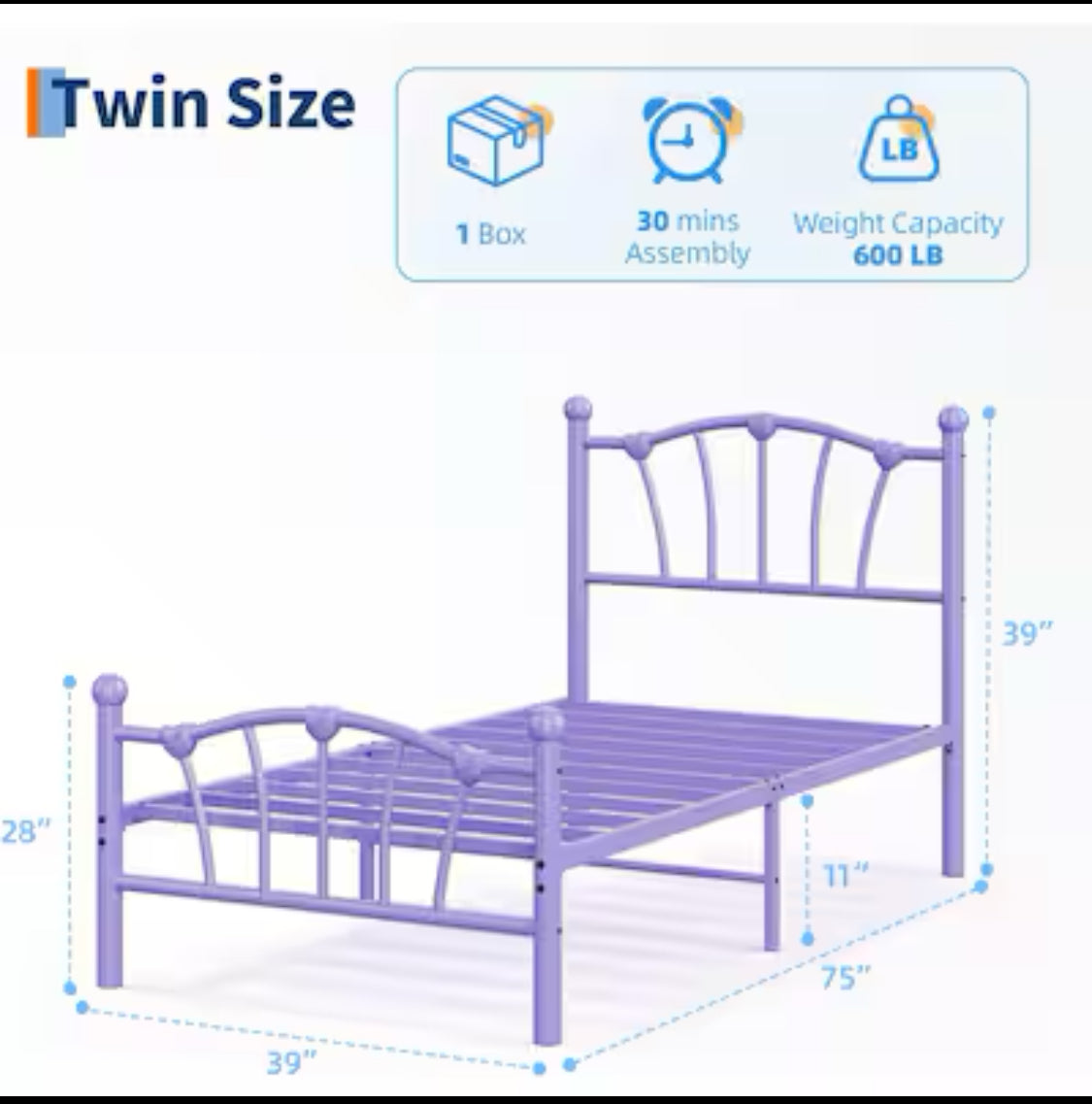 New Open Box Garvee Twin Size Heart Shaped Ends Metal Platform Bed Frame, Purple