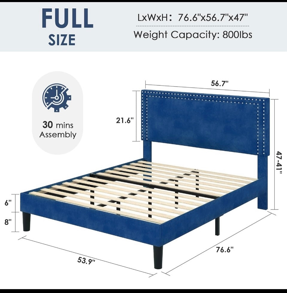 New Vecelo Full Size Platform Bed & Height Adjustable Upholstered Headboard,Blue