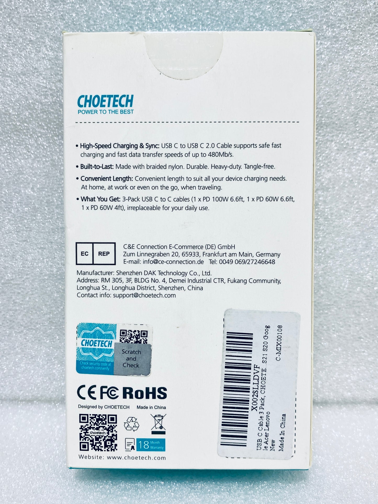 lot Of 3 New Other - Choetech USB-C To USB-C (2) 6.6’ & (1) 4’ Cable Set, Black