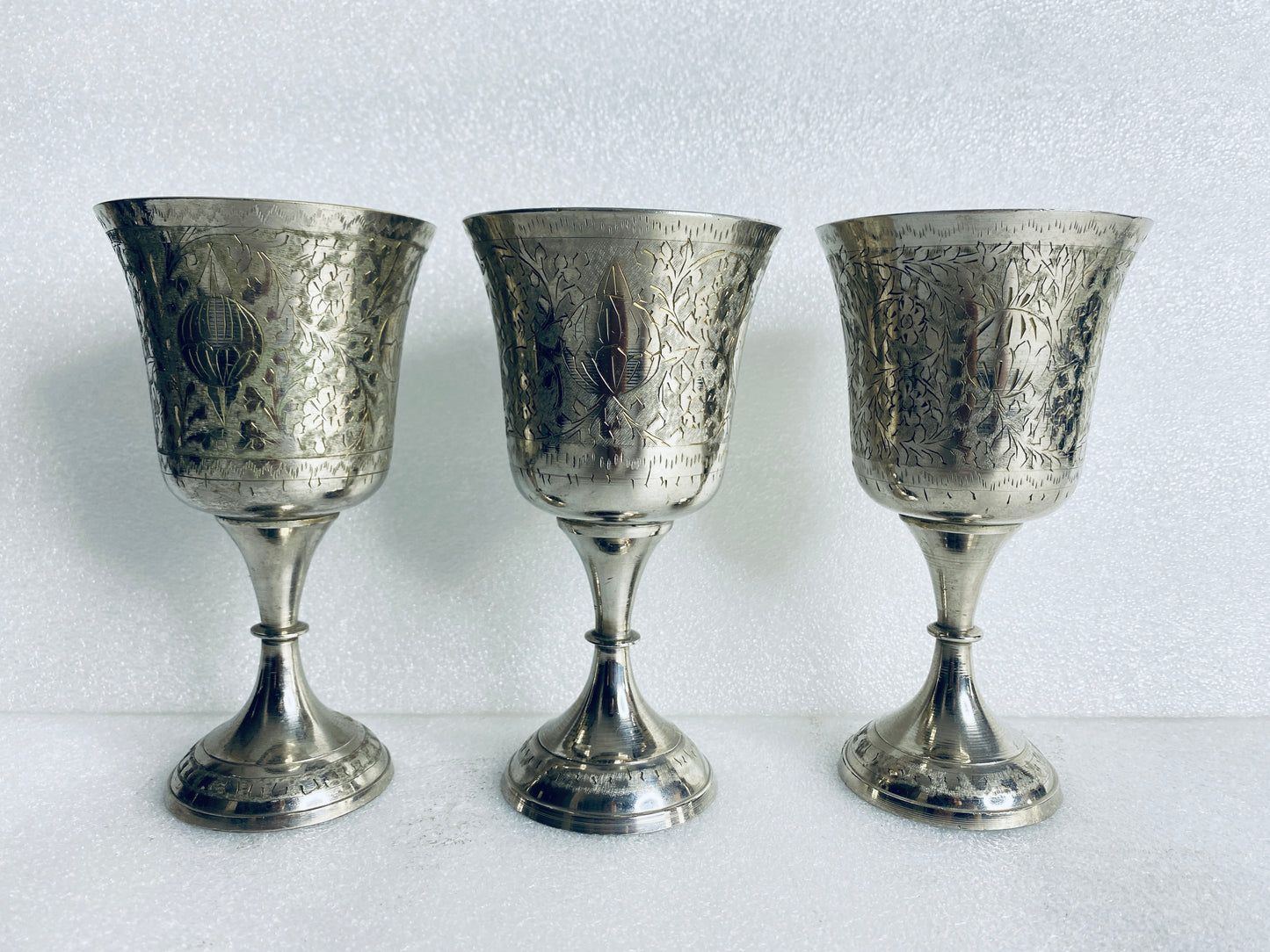 Lot Of 3 Vintage World Gift Z.Y. India Chalice Goblet Etched Brass Silver Plated