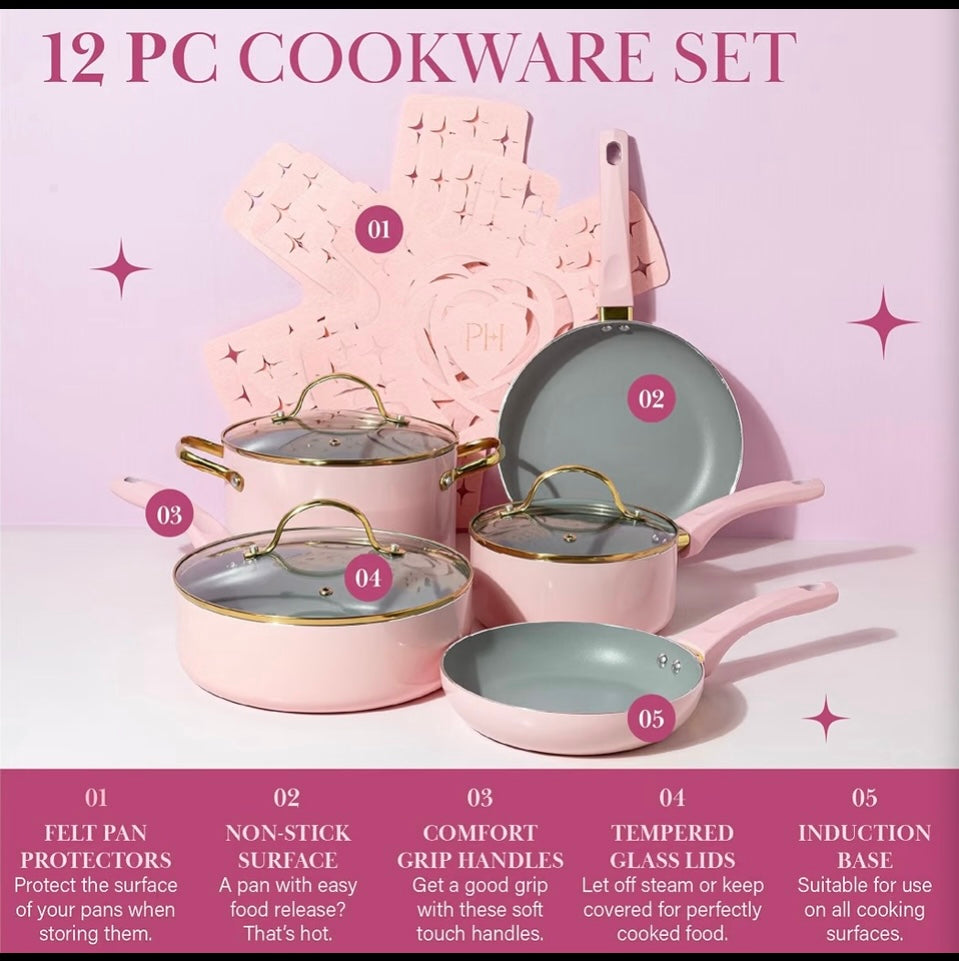 New Other Paris Hilton 12-Pc Pink Epic Nonstick Pots & Pans Cookware Set W/Lids