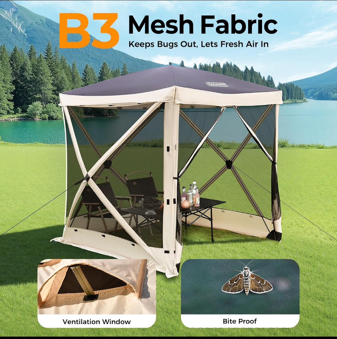 Like New Tecoom 6’ x 6’ 4-Sided Pop Up Canopy/Gazebo Tent With Mesh Windows