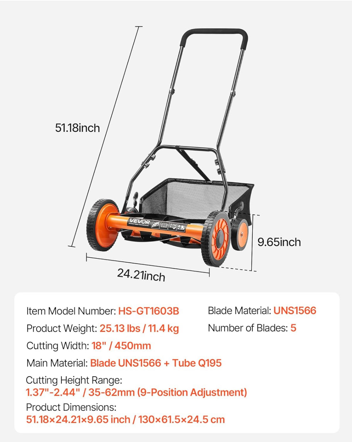 VEVOR 18” 5 Blade Height Adust Manual Push Reel Lawn Mower With & Catcher Bag